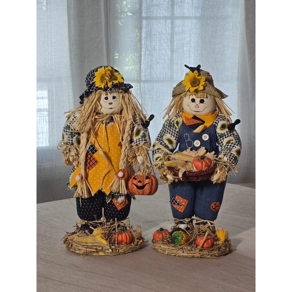 Vintage Style Autumn Scarecrow Couple Figurines Fall Harvest Decor Set of 2